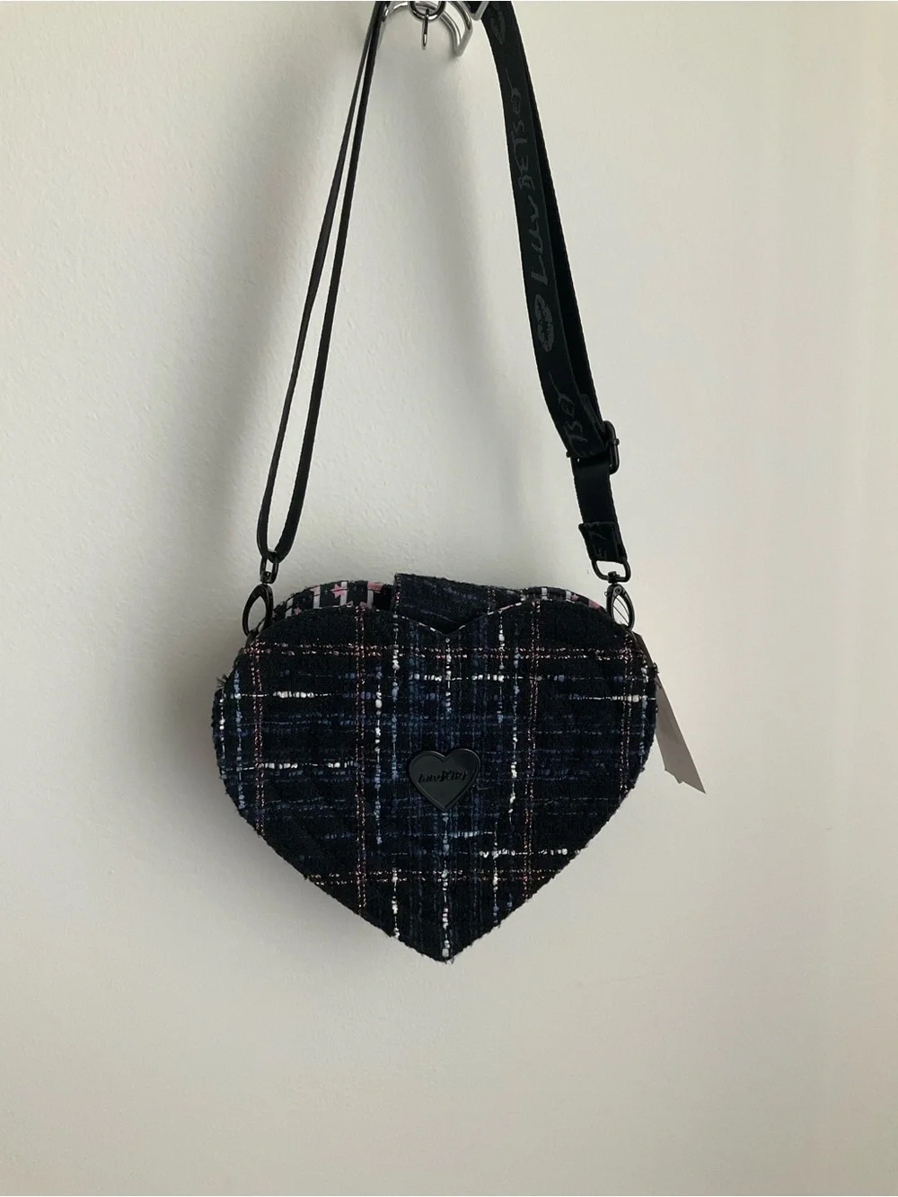 Betsey Johnson Black Tweed Heart Crossbody with Blue & Pink Accents - Picture 2 of 11